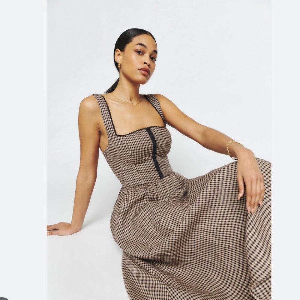 Reformation Tagliatelle Linen Dress in Check